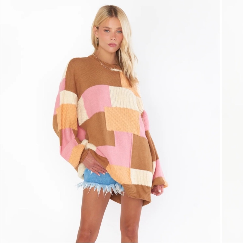 Show Me Your MuMu Pink and Brown Patchwork Sweater